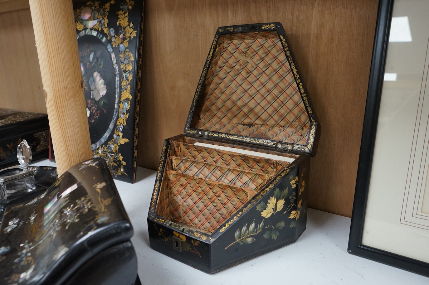 A group of Victorian japanned papier-mâché desk items and boxes (5). Blotter 24cm wide x 31cm high